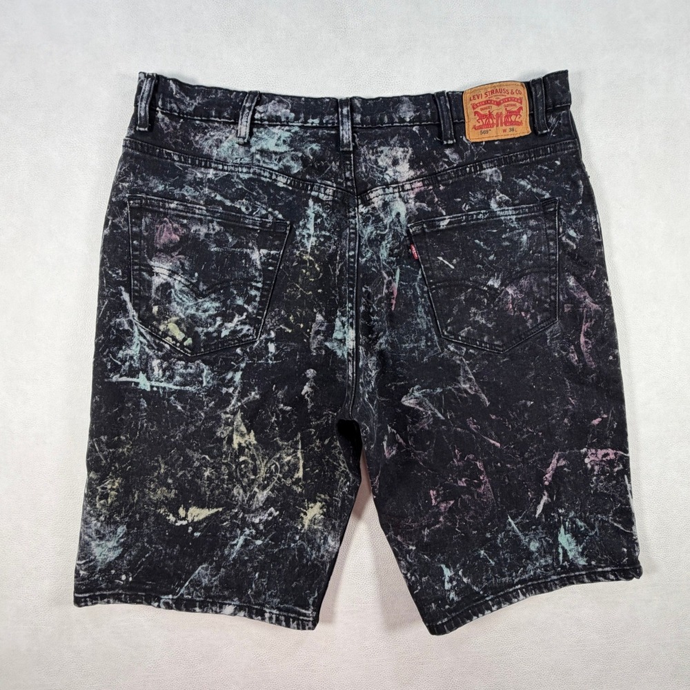 Levis 569 Jean Shorts Mens 40 Black Tie Dye Splatter Loose Straight Denim Skater